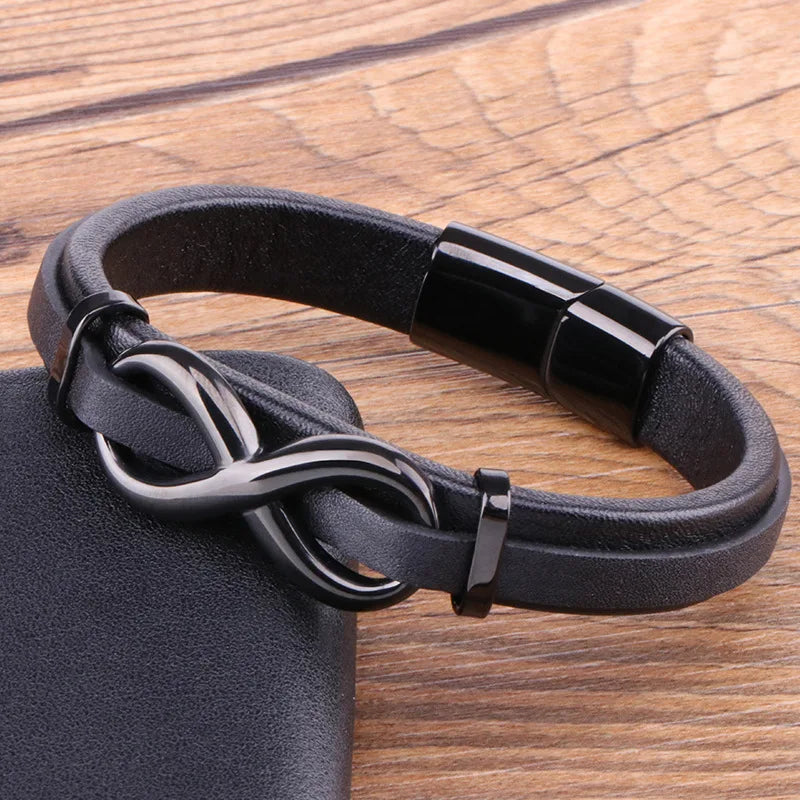 Men'S Stainless Steel Leather Bracelet Fashion Multi Layer Hand Woven Black Color Charming Jewelry Gift
