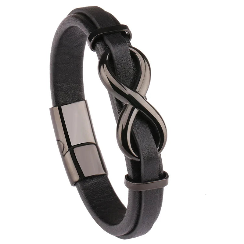 Men'S Stainless Steel Leather Bracelet Fashion Multi Layer Hand Woven Black Color Charming Jewelry Gift