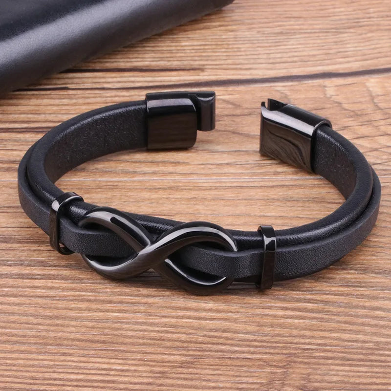 Men'S Stainless Steel Leather Bracelet Fashion Multi Layer Hand Woven Black Color Charming Jewelry Gift
