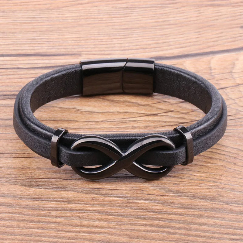 Men'S Stainless Steel Leather Bracelet Fashion Multi Layer Hand Woven Black Color Charming Jewelry Gift